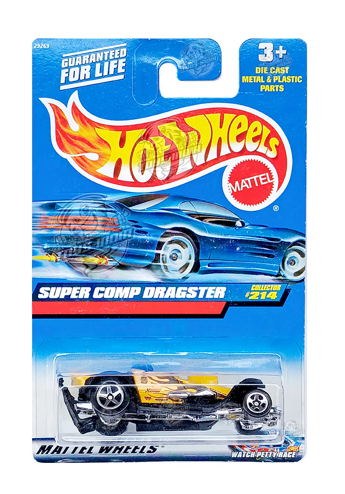 EXCLUSIVES Hot Wheels Super Comp Dragster - Yellow / Black - 1999 Card (With Protector Case)