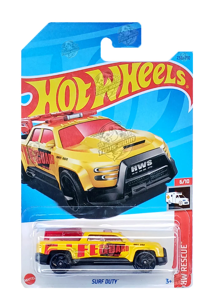 EXCLUSIVES Hot Wheels Surf Duty - Yellow / Red - 2021 Card (With Protector Case)