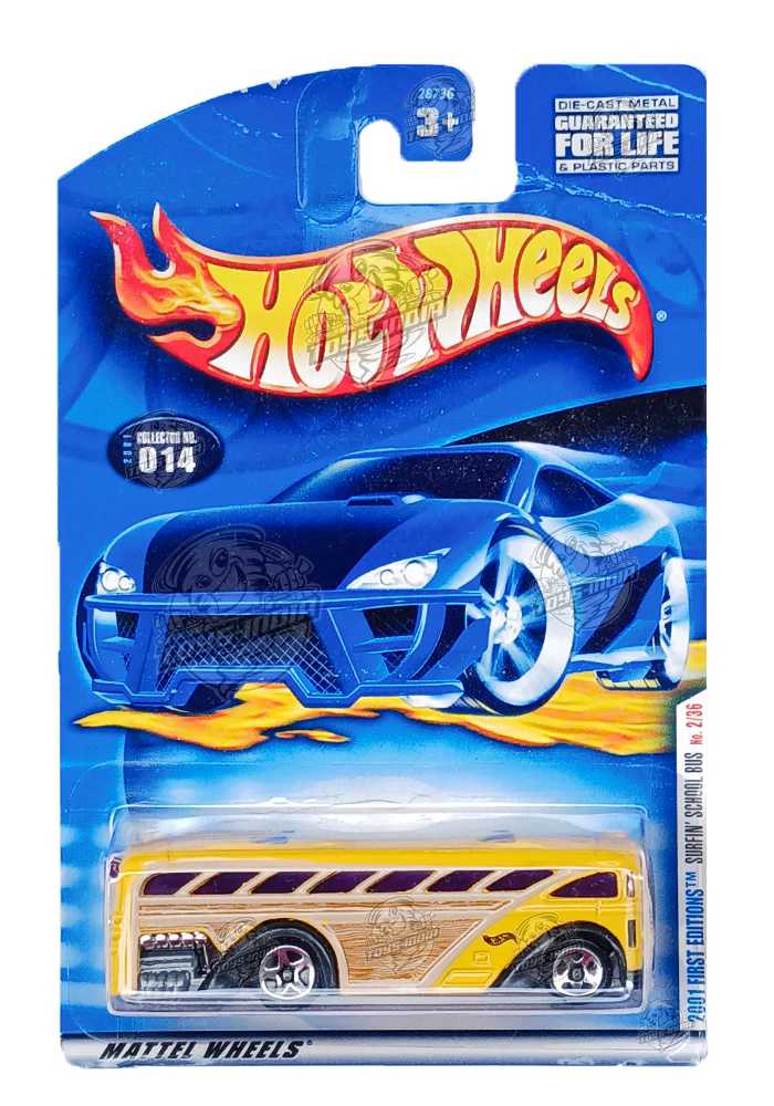 EXCLUSIVES Hot Wheels Surfin' School Bus - Yellow / Brown - 2000 Card (Creased Card / Car in Excellent Condition) (With Protector Case)