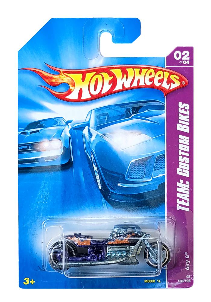 EXCLUSIVES Hot Wheels Team Custom Bikes Airy 8 - Purple / Silver - 2007 Card (With Protector Case)