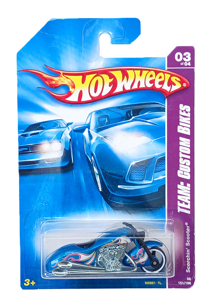 EXCLUSIVES Hot Wheels Team Custom Bikes Scorchin' Scooter - Blue / Silver - 2007 Card (With Protector Case)