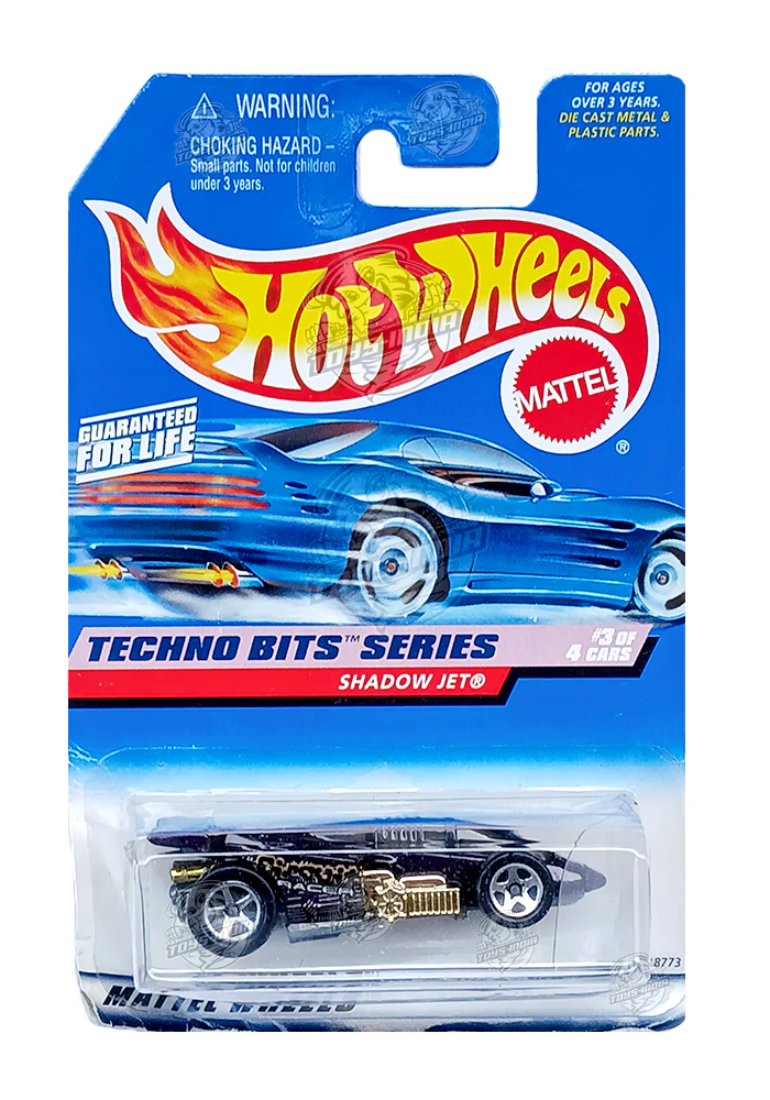 EXCLUSIVES Hot Wheels Techno Bits Series Shadow Jet - Black - 1997 Card (Creased Card / Car in Excellent Condition) (With Protector Case)
