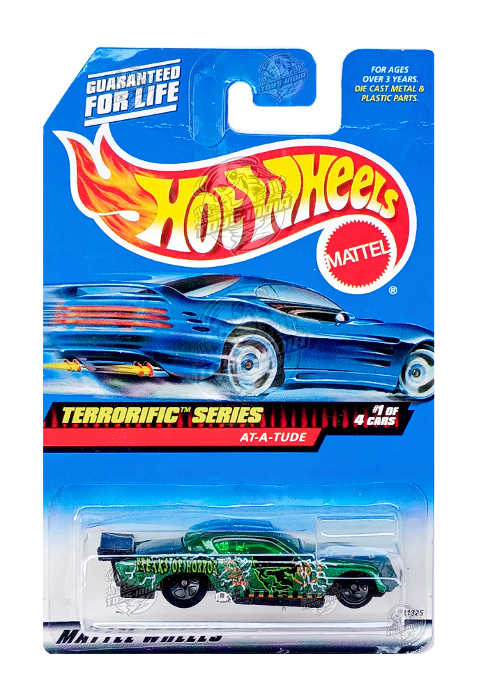 EXCLUSIVES Hot Wheels Terrorific Series At-A-Tude - Green - 1998 Card (Creased Card / Car in Excellent Condition) (With Protector Case)