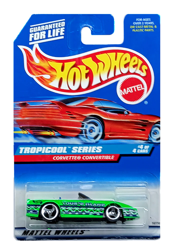EXCLUSIVES Hot Wheels Tropicool Series Corvette Convertible - Green / Black - 1997 Card (With Protector Case) - Image 2