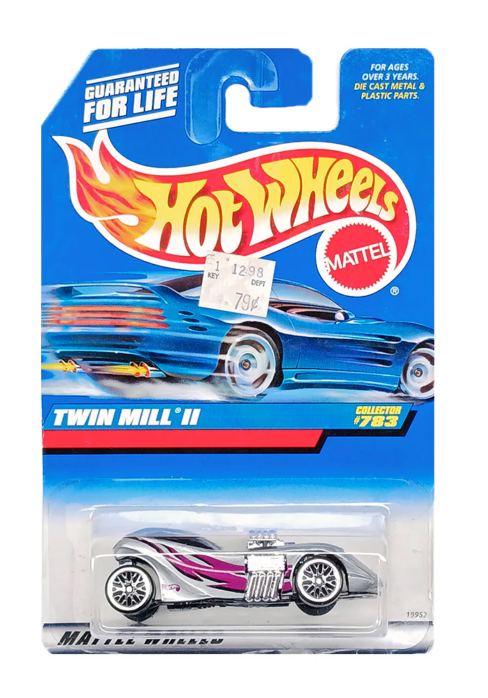 EXCLUSIVES Hot Wheels Twin Mill II - Silver - 1997 Card (With Protector Case)