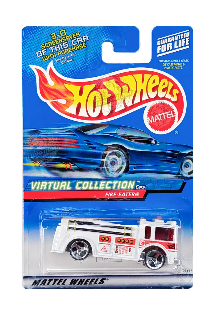 EXCLUSIVES Hot Wheels Virtual Collection Fire Eater - White - 1999 Card (With Protector Case)