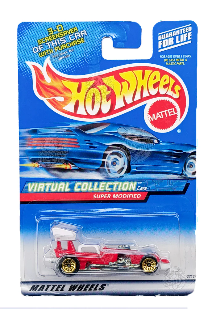 EXCLUSIVES Hot Wheels Virtual Collection Super Modified - Red / White - 1999 Card (With Protector Case)