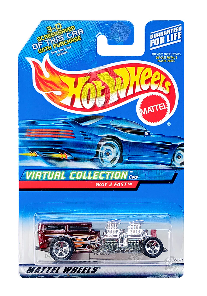 EXCLUSIVES Hot Wheels Virtual Collection Way 2 Fast - Red / Silver - 1999 Card (With Protector Case)