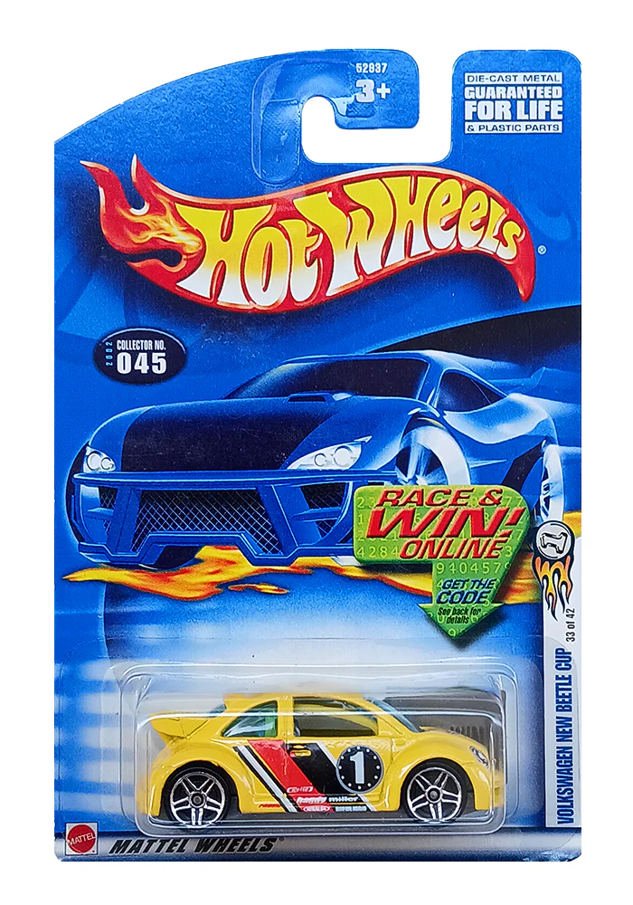 EXCLUSIVES Hot Wheels VW New Beetle Cup - Yellow- 2001 Card (With Protector Case)