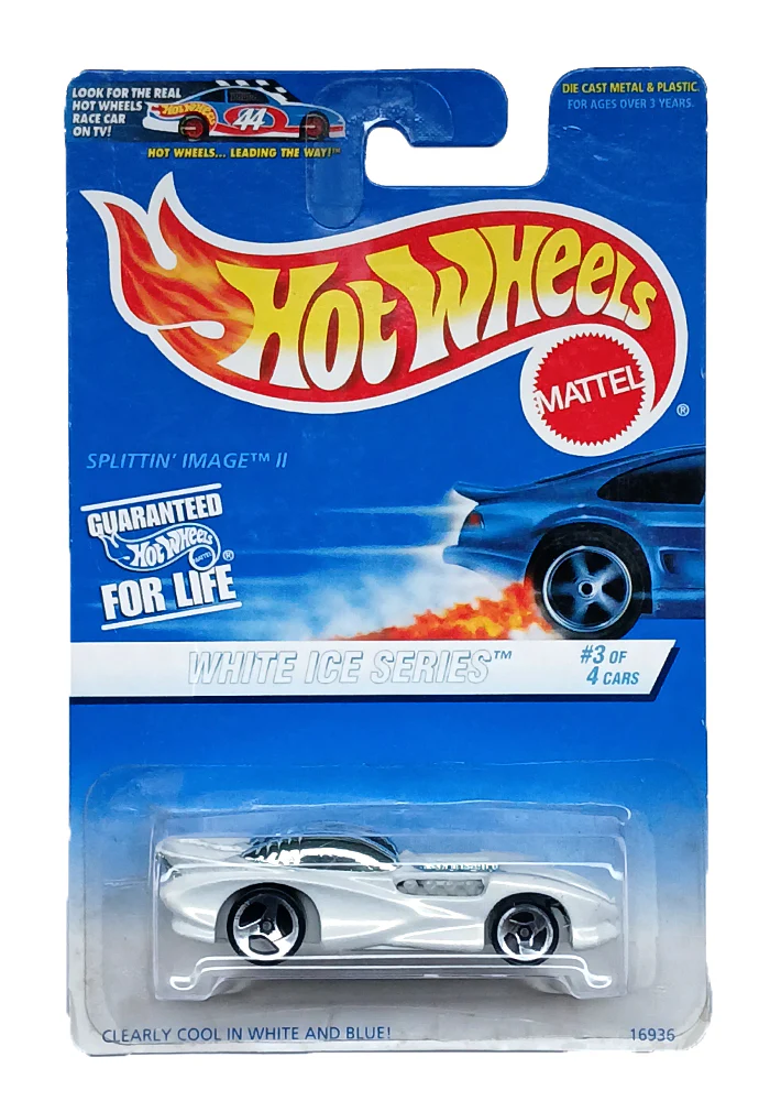 EXCLUSIVES Hot Wheels White Ice Series Splittin' Image II - White - 1998 Card (With Protector Case)