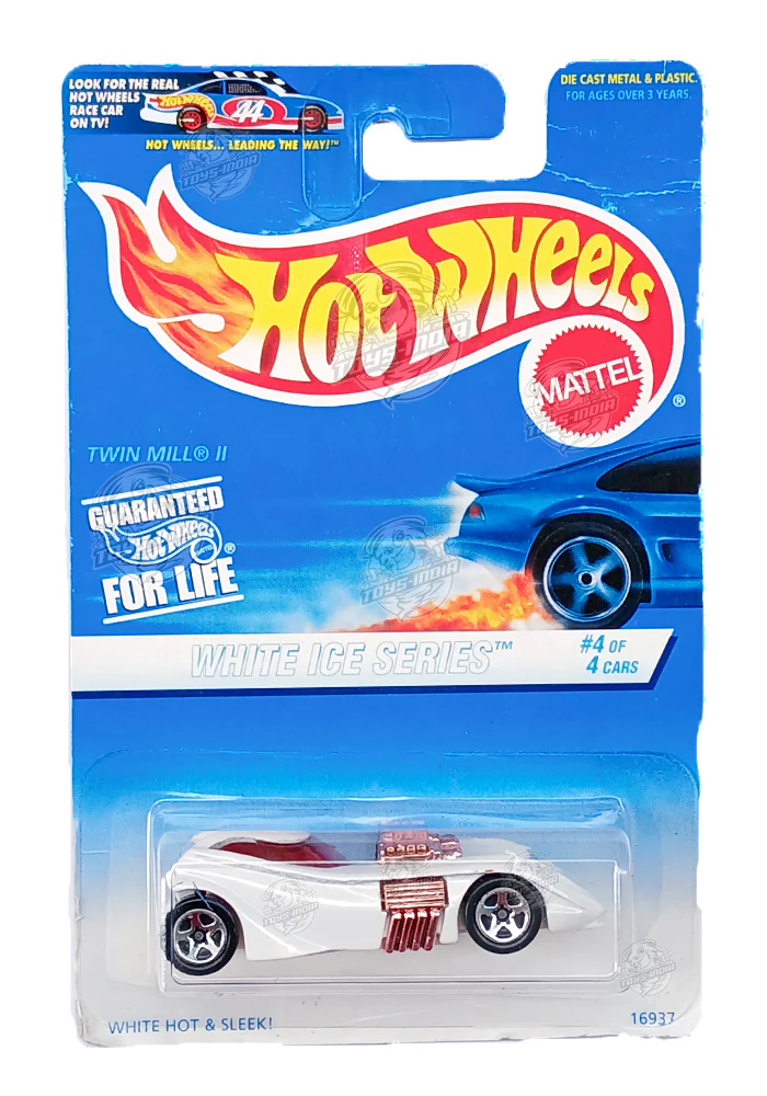 EXCLUSIVES Hot Wheels White Ice Series Twin Mill II - White - 1996 Card (Creased Card / Car in Excellent Condition) (With Protector Case)