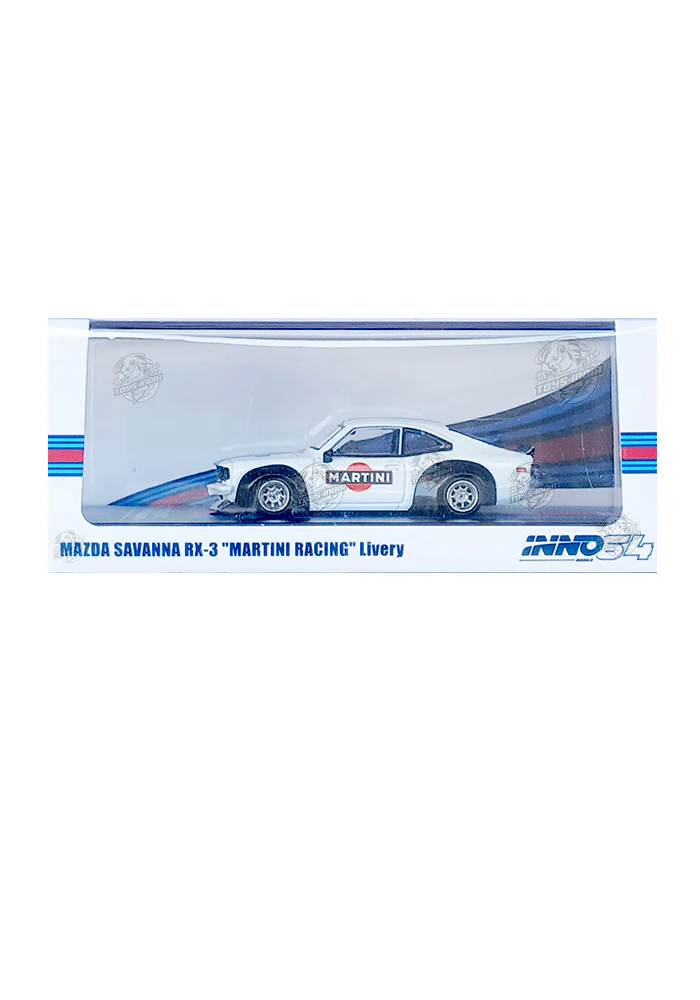 EXCLUSIVES Inno64 Mazda Savanna RX-3 "Martini Racing" Livery - White / Blue (Scale 1:64) - Image 2