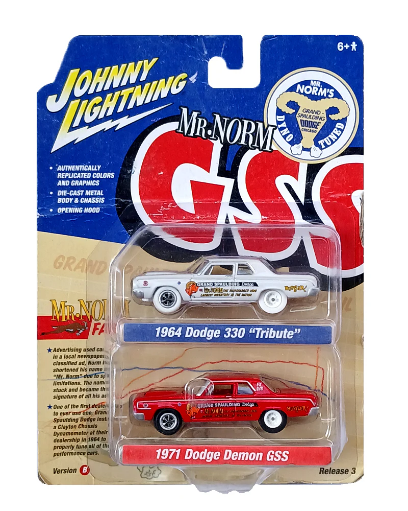 EXCLUSIVES Johnny Lightning Mr. Norm 1964 Dodge 330 "Tribute" (White) & 1971 Dodge Demon GSS (Red) - 2 Pack (Creased Card)