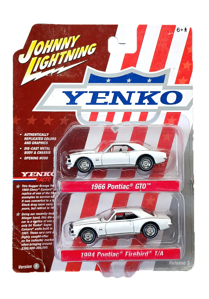 EXCLUSIVES Johnny Lightning Yanko 1966 Pontiac GTO (White) & 1994 Pontiac Firebird (White) - 2 Pack (Creased Card)