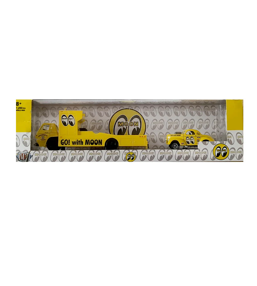 EXCLUSIVES M2 Machines Diorama Walmart MoonEyes 1966 Dodge L600 COE 7 1941 Willys Coupe Gasser - Yellow / Black (Slight Box Cut - Right Top / Left Bottom)