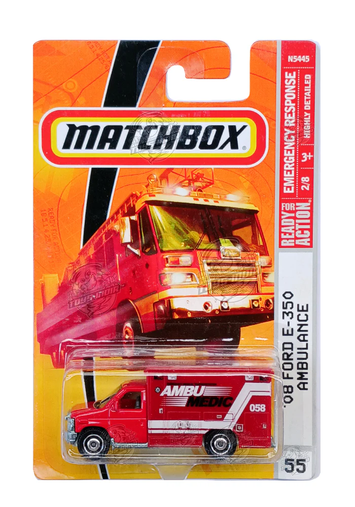EXCLUSIVES Matchbox '08 Ford E-350 Ambulance - Red - 2008 Card (With Protector Case)