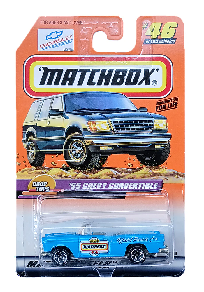 EXCLUSIVES Matchbox '55 Chevy Convertible - Blue - 1996 Card (With Protector Case)
