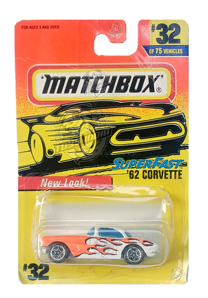 EXCLUSIVES Matchbox '62 Corvette - White / Orange - 1996 Card (Creased Card / Car in Excellent Condition) (With Protector Case)