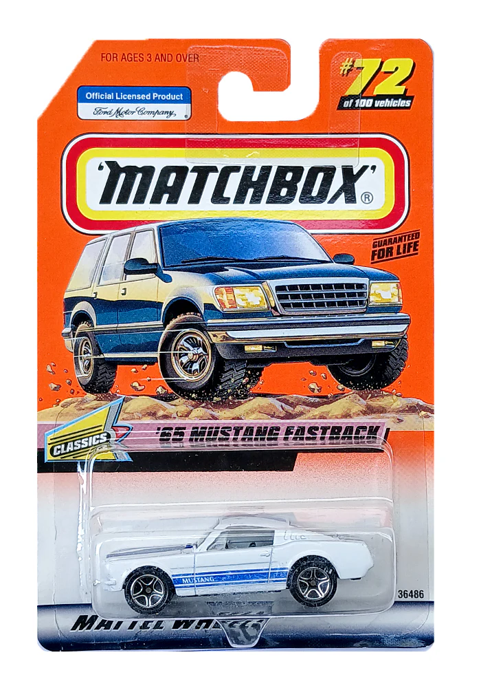 EXCLUSIVES Matchbox '65 Mustang Fastback - White / Blue - 1998 Card (With Protector Case)