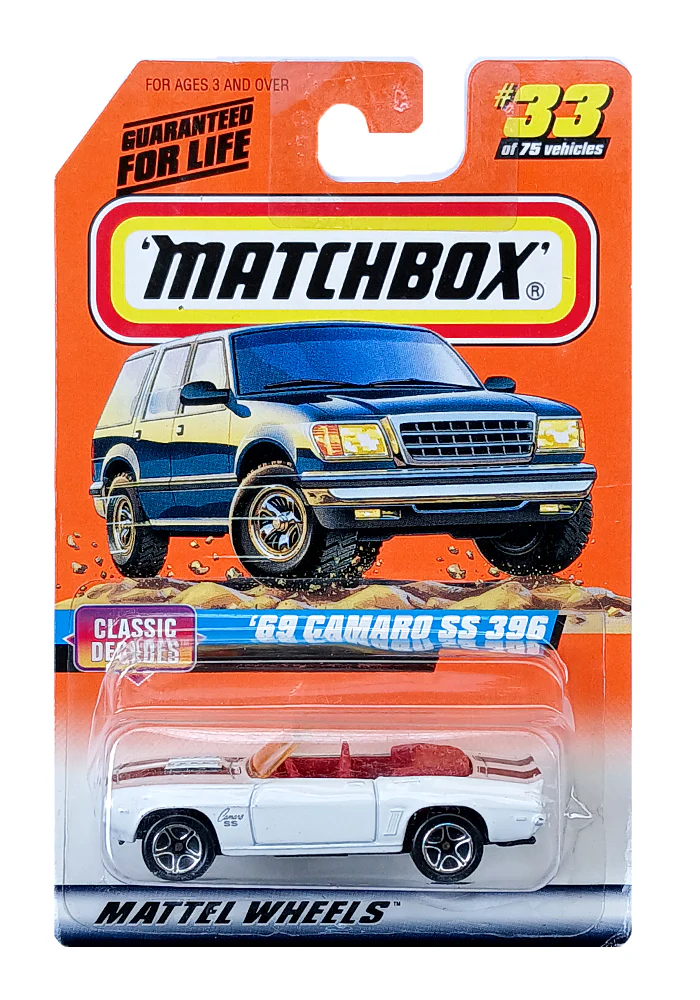 EXCLUSIVES Matchbox '69 Camaro SS 396 - White / Black - 1997 Card (With Protector Case)