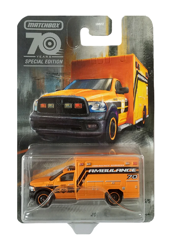 EXCLUSIVES Matchbox 70 Years Special Edition 2019 Ram Ambulance - Orange - 2022 Card (Creased Card / Car in Excellent Condition)