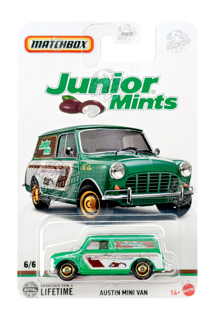 EXCLUSIVES Matchbox Austin Mini Van - Green / Brown - 2024 Card (With Protector Case)