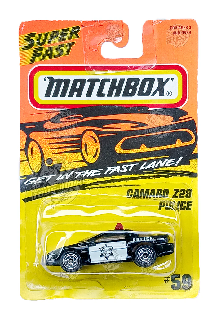 EXCLUSIVES Matchbox Camaro Z28 Police - Black / White - 1995 Card (With Protector Case)