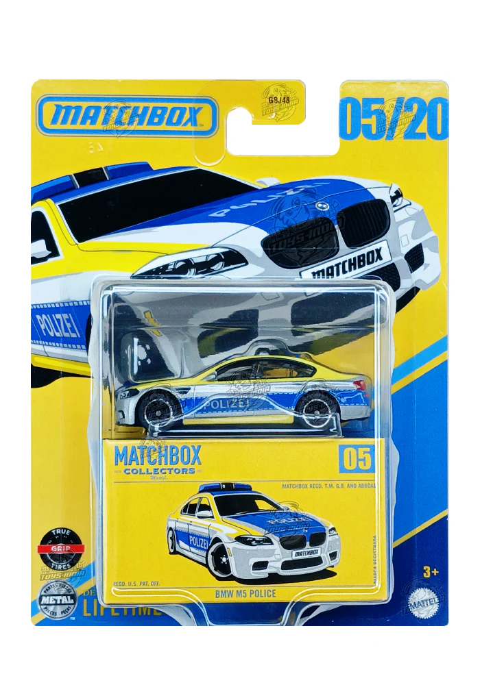 EXCLUSIVES Matchbox Collectors BMW M5 Police - Blue / Yellow - 2024 Card