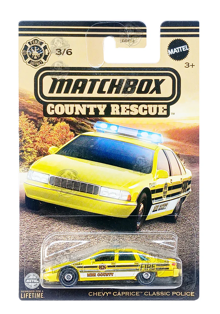 EXCLUSIVES Matchbox Country Rescue Chevy Caprice Classic Police - Yellow - 2023 Card (With Protector Case)
