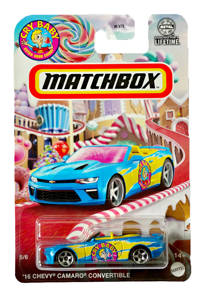 EXCLUSIVES Matchbox Cry Baby '16 Chevy Camaro Convertible - Blue / Yellow - 2023 Card (With Protector Case)
