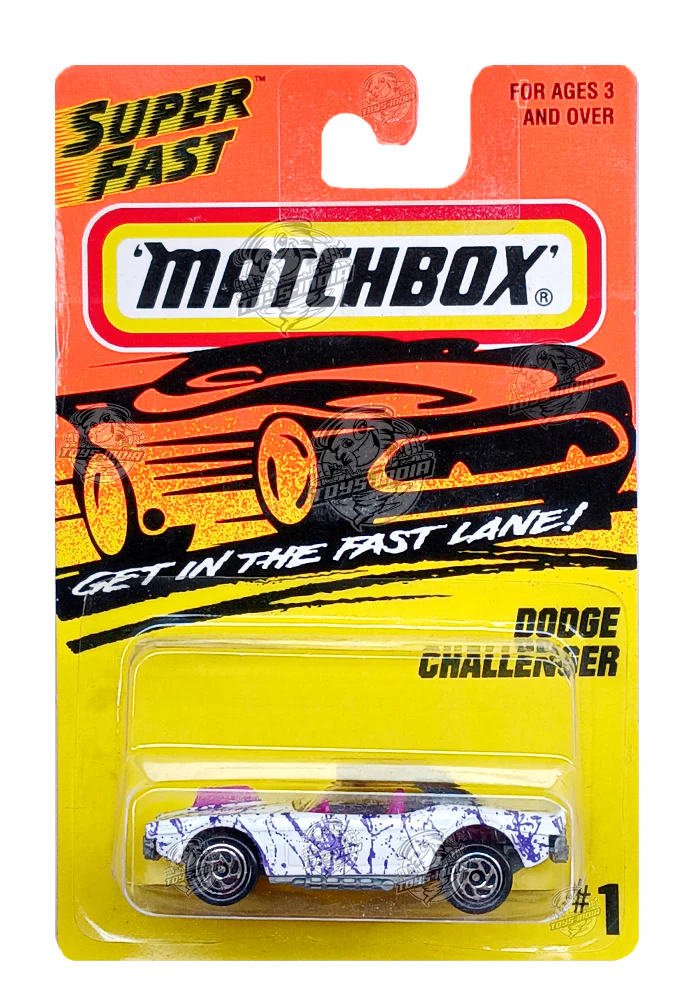 EXCLUSIVES Matchbox Dodge Challenger - White / Purple - 1995 Card (With Protector Case)