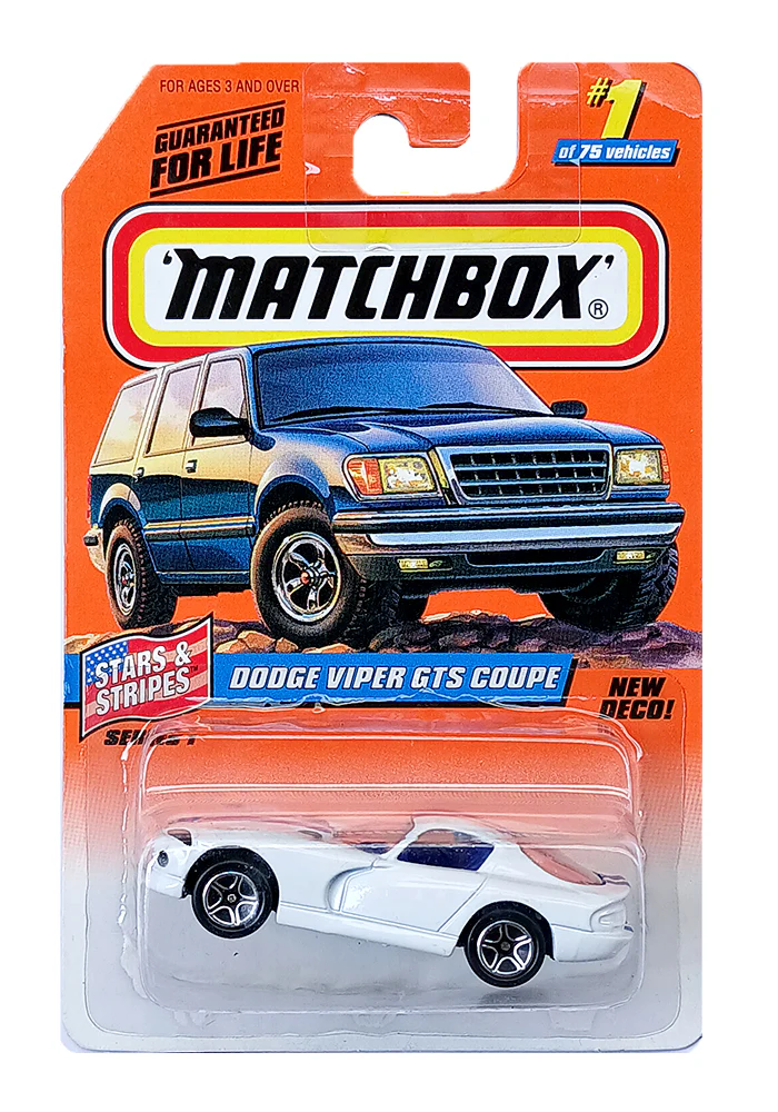 EXCLUSIVES Matchbox Dodge Viper GTS Coupe - White / Blue - 1997 Card (With Protector Case)