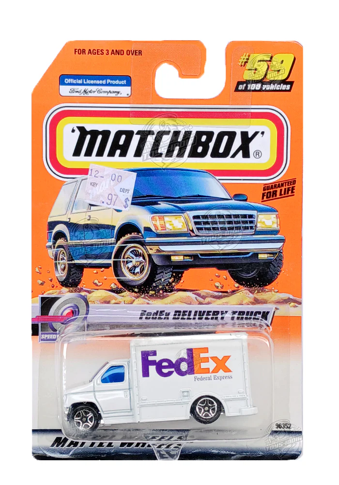 EXCLUSIVES Matchbox FedEx Delivery Truck - White - 1998 Card (With Protector Case)