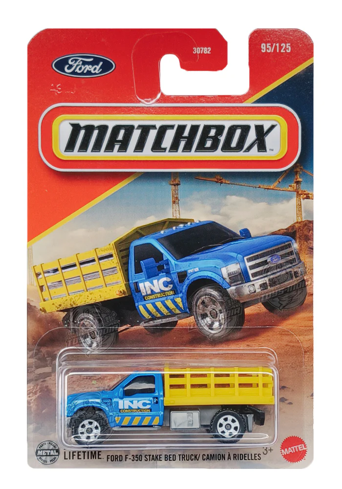 EXCLUSIVES Matchbox Ford F-350 Stake Bed Truck - Blue / Yellow - 2024 Card (With Protector Case)
