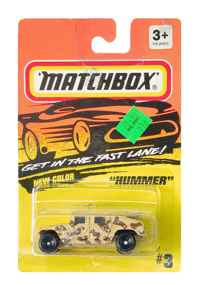 EXCLUSIVES Matchbox Hummer - Yellow / Brown - 1994 Card (With Protector Case)