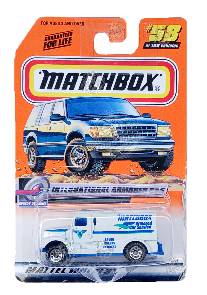 EXCLUSIVES Matchbox International Armored Car - White - 1999 Card (Creased Card / Car in Excellent Condition) (With Protector Case)