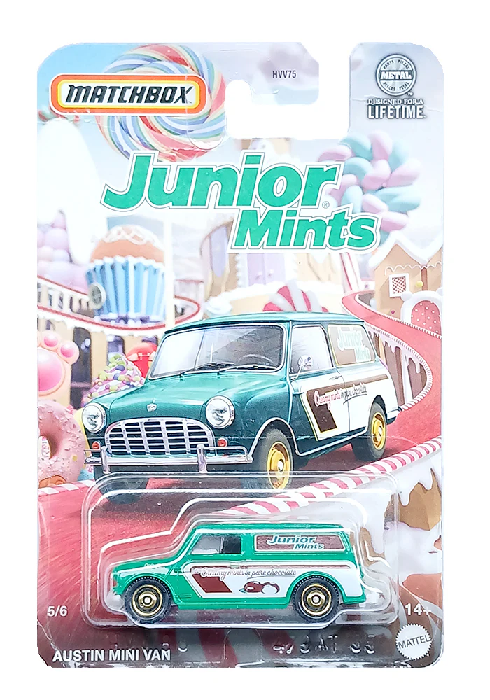 EXCLUSIVES Matchbox Junior Mints Austin Mini Van - Green - 2023 Card (Creased Card / Car in Excellent Condition) (With Protector Case)