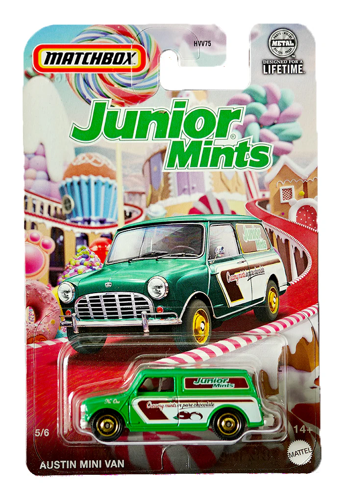 EXCLUSIVES Matchbox Junior Mints Austin Mini Van - Green - 2023 Card (With Protector Case)