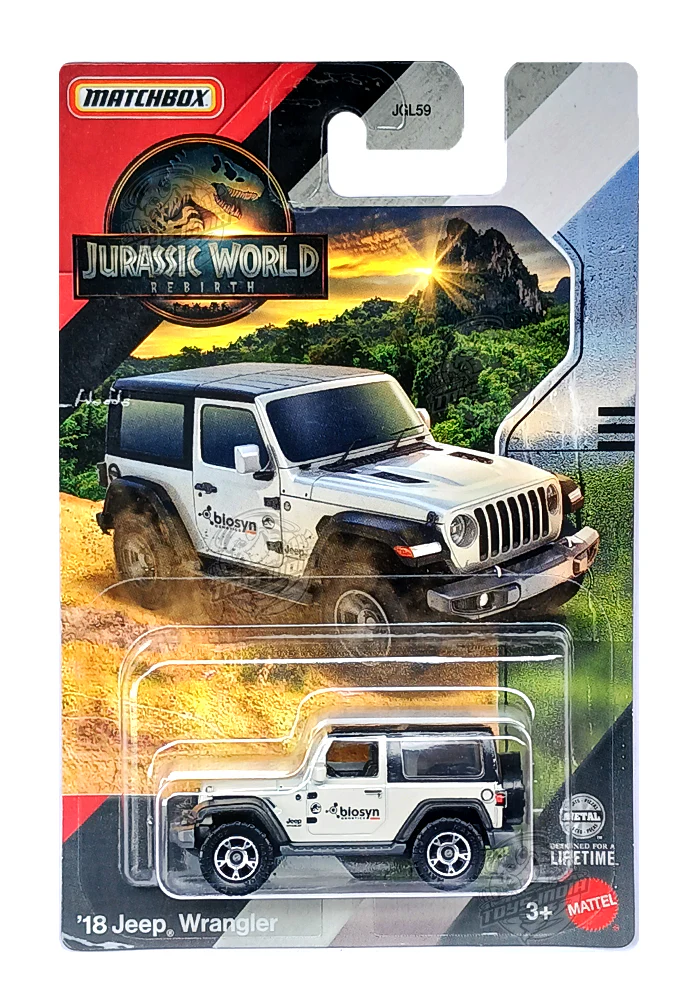 EXCLUSIVES Matchbox Jurassic World Rebirth '18 Jeep Wrangler - White / Black - 2024 Card (With Protector Case)