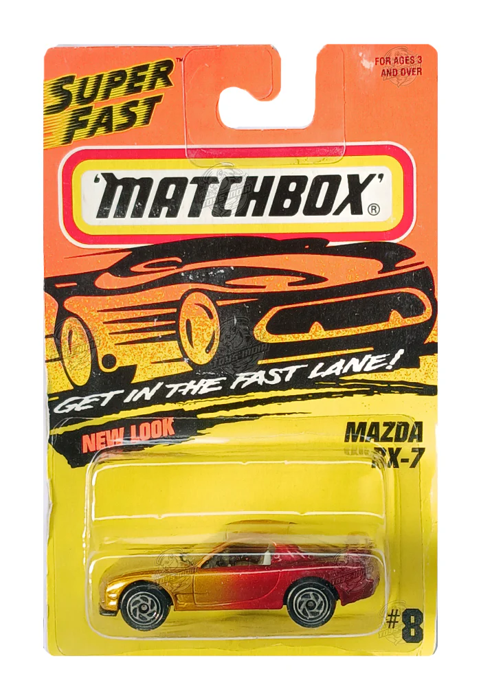 EXCLUSIVES Matchbox Mazda RX-7 - Yellow / Red - 1995 Card (With Protector Case)
