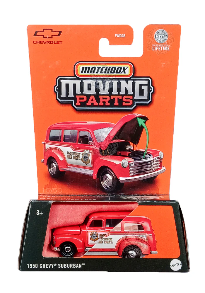 EXCLUSIVES Matchbox Moving Parts 1950 Chevy Suburban - Red - 2024 Card