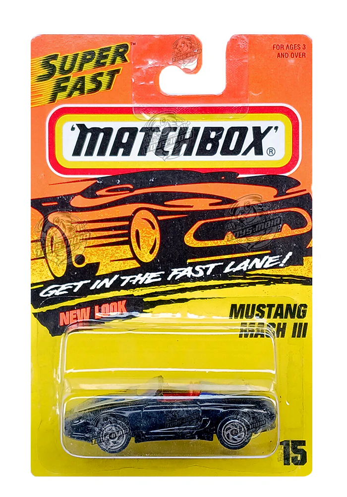 EXCLUSIVES Matchbox Mustang Mach III - Black / Blue - 1995 Card (With Protector Case)