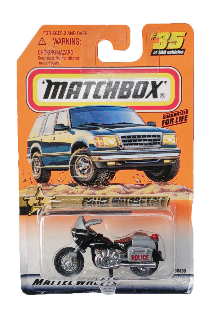 EXCLUSIVES Matchbox Police Motorcycle - Black / Silver - 1999 Card (With Protector Case)