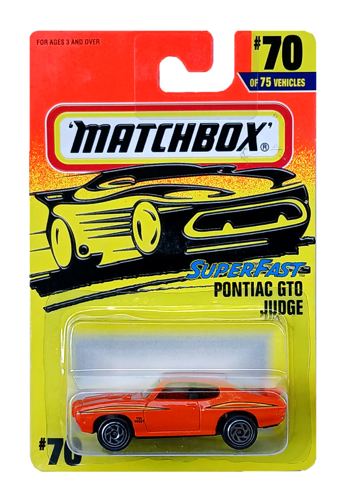 EXCLUSIVES Matchbox Pontiac GTO Judge - Orange - 1998 Card (With Protector Case)