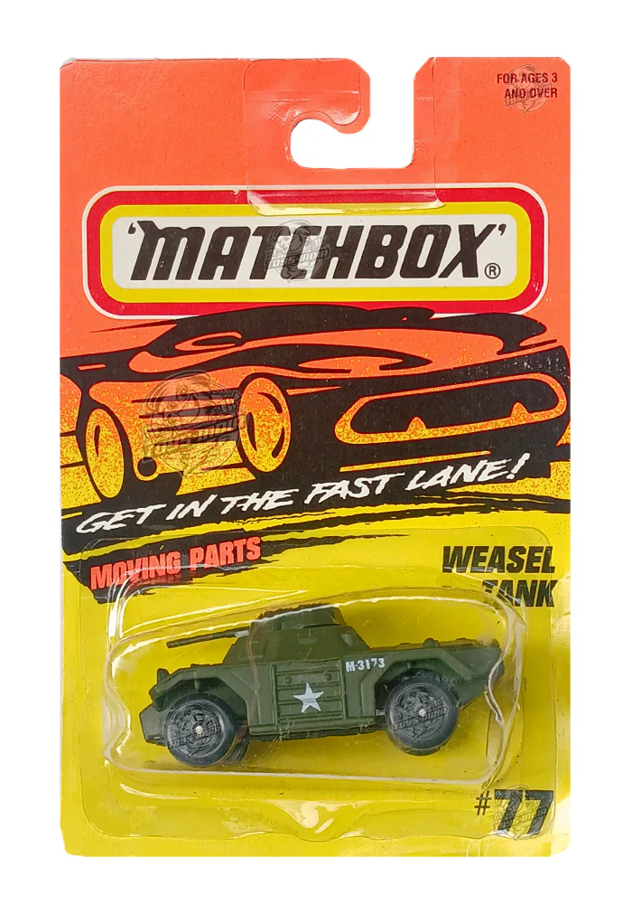 EXCLUSIVES Matchbox Weasel Tank - Green - 1995 Card (With Protector Case)