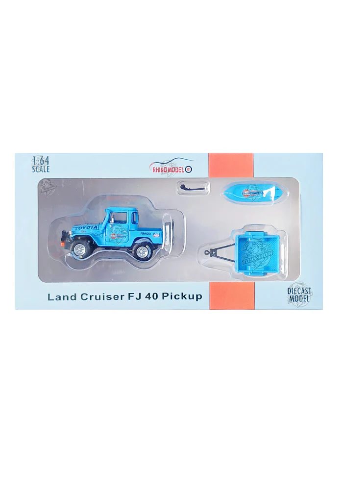 EXCLUSIVES Rhino Model Gulf Land Cruiser FJ40 Pickup with Attachments - Blue / Orange  (Scale 1:64)