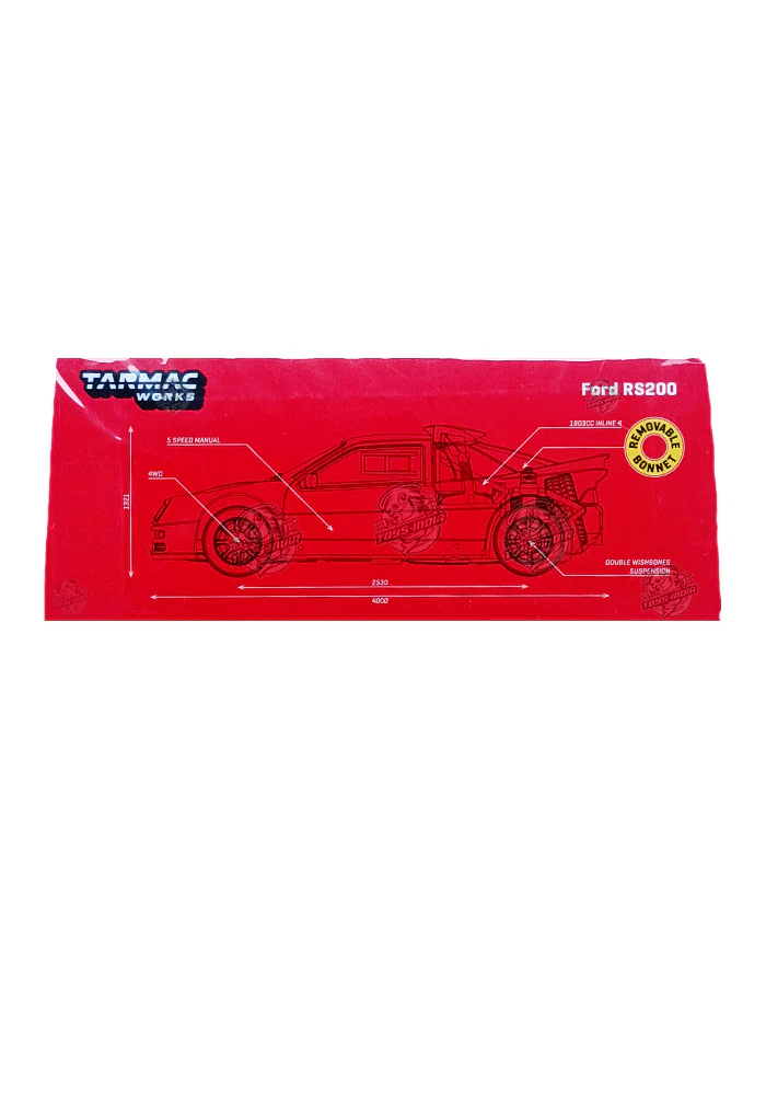 EXCLUSIVES Tarmac Works / Hobby 64+ Ford RS200 with Double Wishbones Suspension - Red (Removable Bonnet) (Scale 1:64) - Image 4