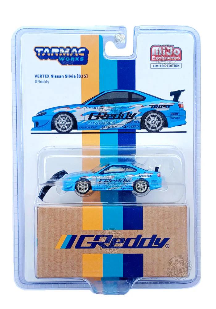 EXCLUSIVES Tarmac Works Vertex Nissan Silvia (S15) Greddy - Blue (Spoiler Damage) (Scale 1:64)