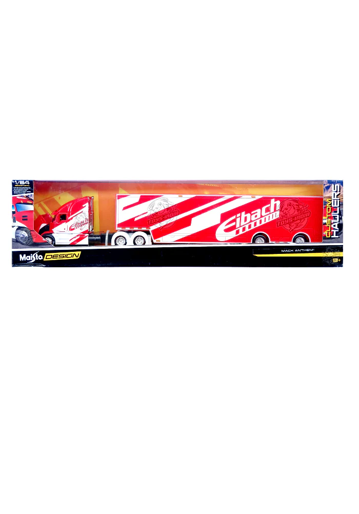 Maisto Design Custom Haulers Mack Anthem Eibach Car Transporter - Red / White (1:64 Scale) - Image 2