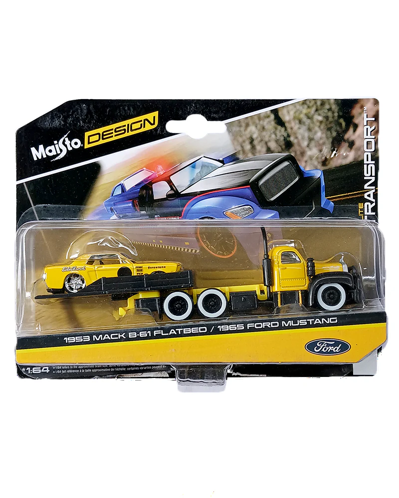 Maisto Design Elite Transport 1953 Mack B-61 Flatbed & 1965 Ford Mustang - Yellow / Black (1:64 Scale)